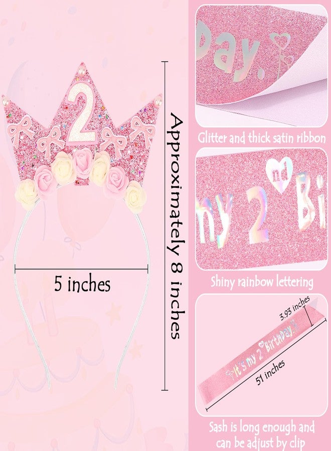 SuPoo 2nd Birthday Sash and Headband Flower 2nd Birthday Decorations for Girl Pink Bow Crown for Girls 2 Sash Princess Tiara Glitter Hair Band 2 Year Old Party Decorations Outfit Gift - Image 4